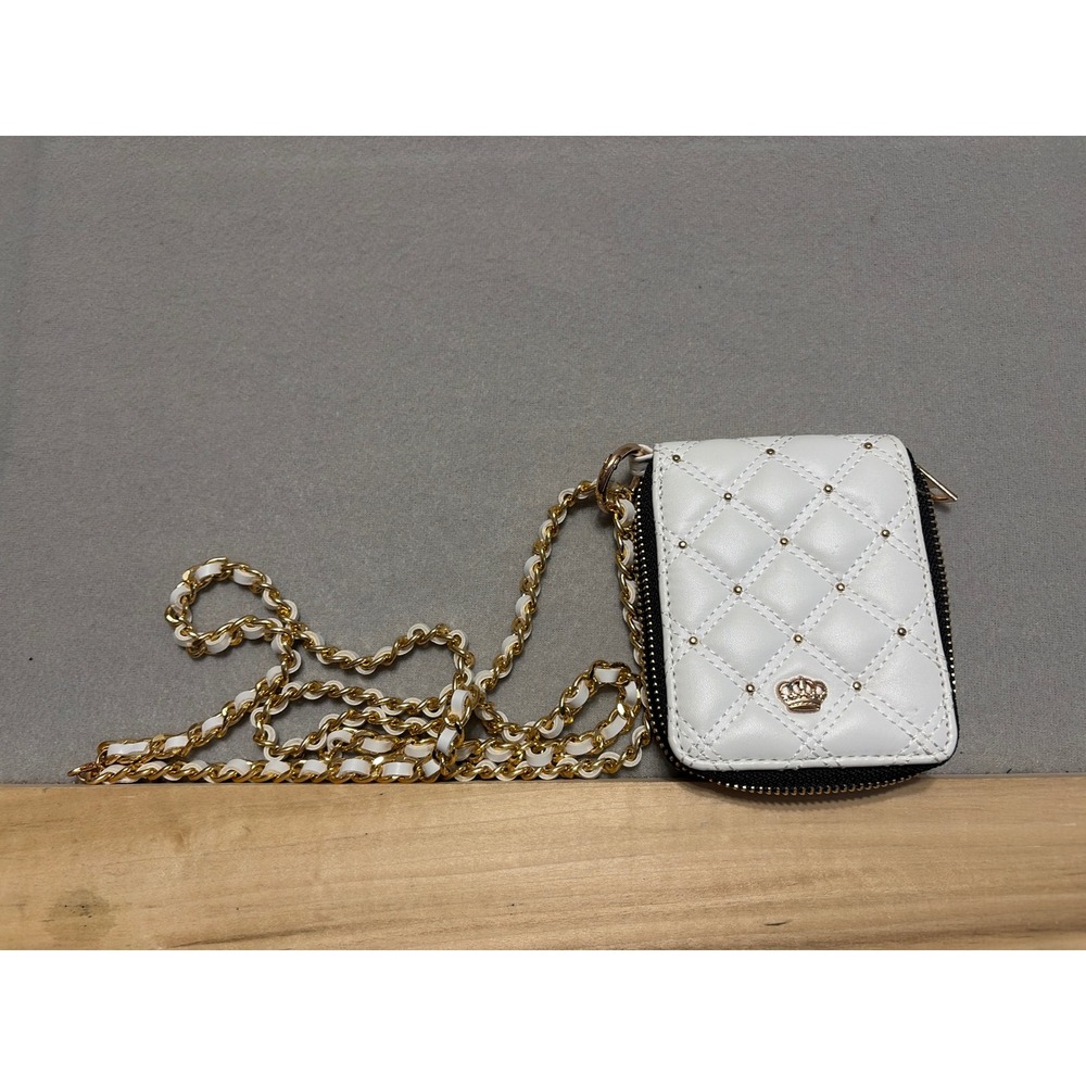 Juicy Couture White Quilted Crossbody Wallet Gold Chain Studded Crown Zip Around